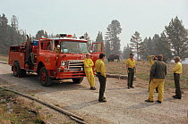 Fire fighters and fire engine, Yellowstone NP, Wyoming, USA. 1988