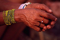 Hands and bead jewellry of Jo / Hoan bushman, Bushmanland, Namibia.