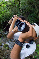 Toursits watching birds through binoculars from canopy walkway, foothill rainforest, El Valle, Panama.