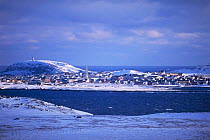 Frozen landscape around Vado town in March, Varanger Fjord, Norway