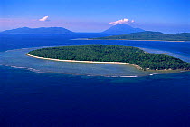 Aerial view of Lamen Island with fringing reef, high volcanic islands in background (Epi, Lopevi and Paama Is) Vanuatu, South Pacific