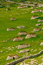 Ruins of stone brick buildings, Hirta, Saint / St Kilda Island. Western Islands, Outer Herbrides, Scotland.