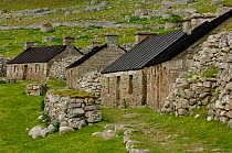 Abandonned stone brick houses, Hirta, Saint / St Kilda Island. Western Islands, Outer Hebrides, Scotland.
