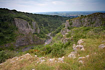 View looking down onto main road running through the Cheddar Gorge, Somerset, England.
