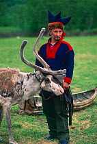 Sami herdsman with Reindeer {Rangifer tarandus}  Samiland, Lapland, Finmark, Northern Norway. 1997.