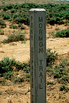 Trail marker post for the Mormon Trail in Red Desert NP, Wyoming, USA