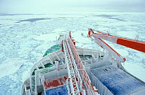 Research icebreaker ship, Polarstern, breaking through ice, Weddell Sea, Antarctica. Editorial use only.