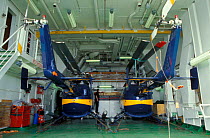 Helicopter hangar with two expedition helicopters inside Icebreaker ship, Polarstern. ISPOL (ICE Station Polarstern) Expedition 2004/2005 from Alfred Wegener Institute, Bremerhaven, Germany. The Icebr...