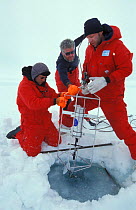 Researcher Gerhard Dieckmann, Andreas Krell and David Thomas salvage sediment trap on ice floe. ISPOL (ICE Station Polarstern) Expedition 2004/2005 from Alfred Wegener Institute, Bremerhaven, Germany....