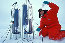 Researcher Gerhard Dieckmann checking samples from sediment trap. ISPOL (ICE Station Polarstern) Expedition 2004/2005 from Alfred Wegener Institute, Bremerhaven, Germany. The Icebreaker Polarstern was...