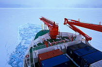 Icebreaker research ship, Polarstern, breaking ice, Weddell Sea, Antarctica (Image not available for advertising use)