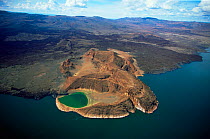 Aerial view of volcano on the shores of Lake Turkana, Great Rift Valley, Northern Kenya