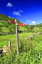 Walking path sign, La Focella, Teverga, Asturias, Spain.