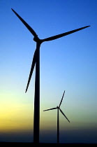 Wind farm turbines against evening sky, Los Monegros, Spain