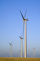 Wind farm turbines against blue sky, Los Monegros, Spain