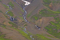 Streams of meltwater on mountainside. Eyjafjördur, Iceland. July 2006