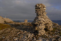 Cairn on mountain with Signal de Lure in distance, Provence, France