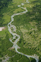 Aerial view of the first kilometre stretch of the Rhone river, Switzerland