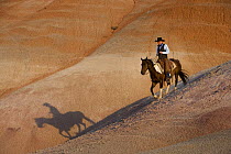 Cowboy riding in the Painted Hills, Flitner Ranch, Shell, Wyoming, USA