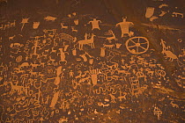 Newspaper Rock National State Monument, Montecello, Utah. Note - petroglyph representing Fremont, Anasazi, Navajo and Anglo cultures