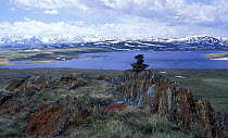 Kaldzhin-Kol Lake (at 2000m) and view to South Altai Ridge, separating Russia from China, Altai Mountains,  SE Siberia, Russia