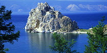 Famous cliff Shamanka in Ol'khon Island of Baikal Lake, Pribaikalsky NP, Russia.