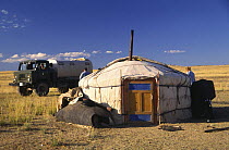 Yurt of nomads with truck, Gobi Desert, Mongolia