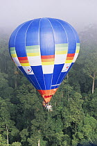 Wildlife presenter Charlotte Uhlenbroek in the 'Cinebulle' hot air balloon flying above early morning misty canopy of lowland Dipterocarp rainforest, Danum valley, Sabah, Borneo, Malaysia, 2002. BBC N...