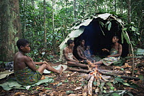 By'Aka pygmy women at forest camp, with shelter built from leaves, Bayanga, Central African Republic, 2003