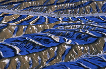 Aerial view of abstract dune patterns with snow, Gobi Desert, Mongolia, January 2004. Filmed for BBC Planet Earth series.