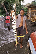 Fisherman with backbone of dolphin, Barrouallie, St Vincent, St Vincent and the Grenadines, Caribbean. Dolphin would have been harpooned from boat.