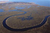 Aerial view of Bombay Hook NWR, Delaware Bay, Delaware, USA.  Salt marsh and refuge for migratory flocks of Greater snow geese. November 2005, BBC Planet Earth
