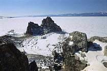 Looking down on frozen surface of Lake Baikal, world's deepest and oldest (and largest by volume) freshwater lake, Siberia, Russia. BBC Planet Earth series, April 2005