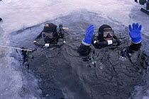 Rebreather instructor Ian Thomas and cameraman Didier Noirot prepare to dive under the ice, Lake Baikal, world's deepest and oldest (and largest by volume) freshwater lake, Siberia, Russia. BBC Plane...