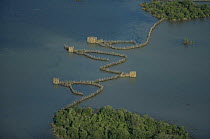 Aerial view of traditional fish trap fences at high tide, Kosi Bay, Kwa-Zulu Natal, South Africa