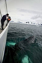 Camerman Doug Allan filming humpback whales (Megaptera novaeangliae) from ship on location in Antarctic peninsula for BBC Planet Earth. Series producer Alastair Fothergill looks on. January 2005