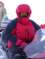 Sue Flood in heavy jacket and goggles, Belcher Islands near Sanikiluaq, Hudson Bay for Planet Earth Iceworlds programme. 2005
