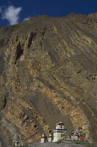 Gompa against rock backdrop, Kagbeni, Lower Mustang, Nepal