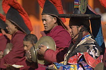 Nepalese monks chanting during 'Duk chu' festival, Lo-Manthang, Upper Mustang, Nepal.