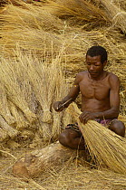 Sakalva man preparing thatch grass, wearing an amulet or 'ody fitahantena' to protect him from bad spirits. Ankarafantsika Nature Reserve, MADAGASCAR 2005