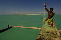 Vezo fisherman out at sea in Pirogue or outrigger canoe Beheloka Vezo fishing village. South-western MADAGASCAR 2005