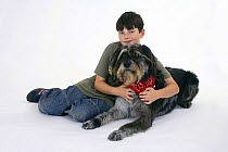 Boy hugging domestic dog, Mixed Breed Dog with neckerchief