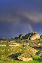 Rock formations with rainbow, Los Barruecos NP, Cáceres, Extremadura, Spain
