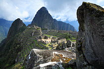 Inca ruins, Huuauna Picchu in background, Machu Picchu, Peru 2006.