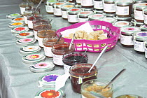 Home made jam and sauces for sale at a farmers market, Fakenhgam, Norfolk, UK