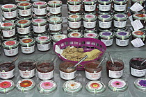 Home made jam and sauces for sale at a farmers Market, Norfolk, UK