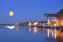 Wells Harbour in full moonlight, Wells-next-the-sea, Norfolk, UK