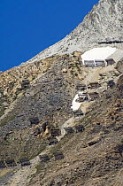 Buttresses on mountain slope to prevent snow avalanche, Alps, France