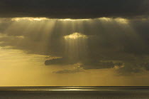 Sky with sun rays through dark clouds over Pacific Ocean, Galapagos Islands, South America
