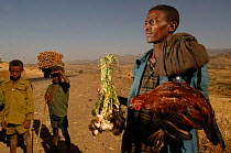 Amara man selling garlic and chicken beside road, North Ethiopia, 2006